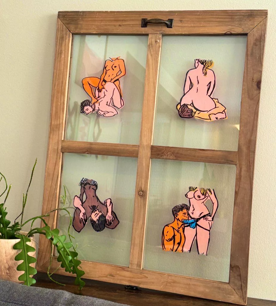I love filling my new place with kinky art ❤️ I made this one after finding the window in a thrift store. Please recommend any kinky artists! posted by Jadesjungles