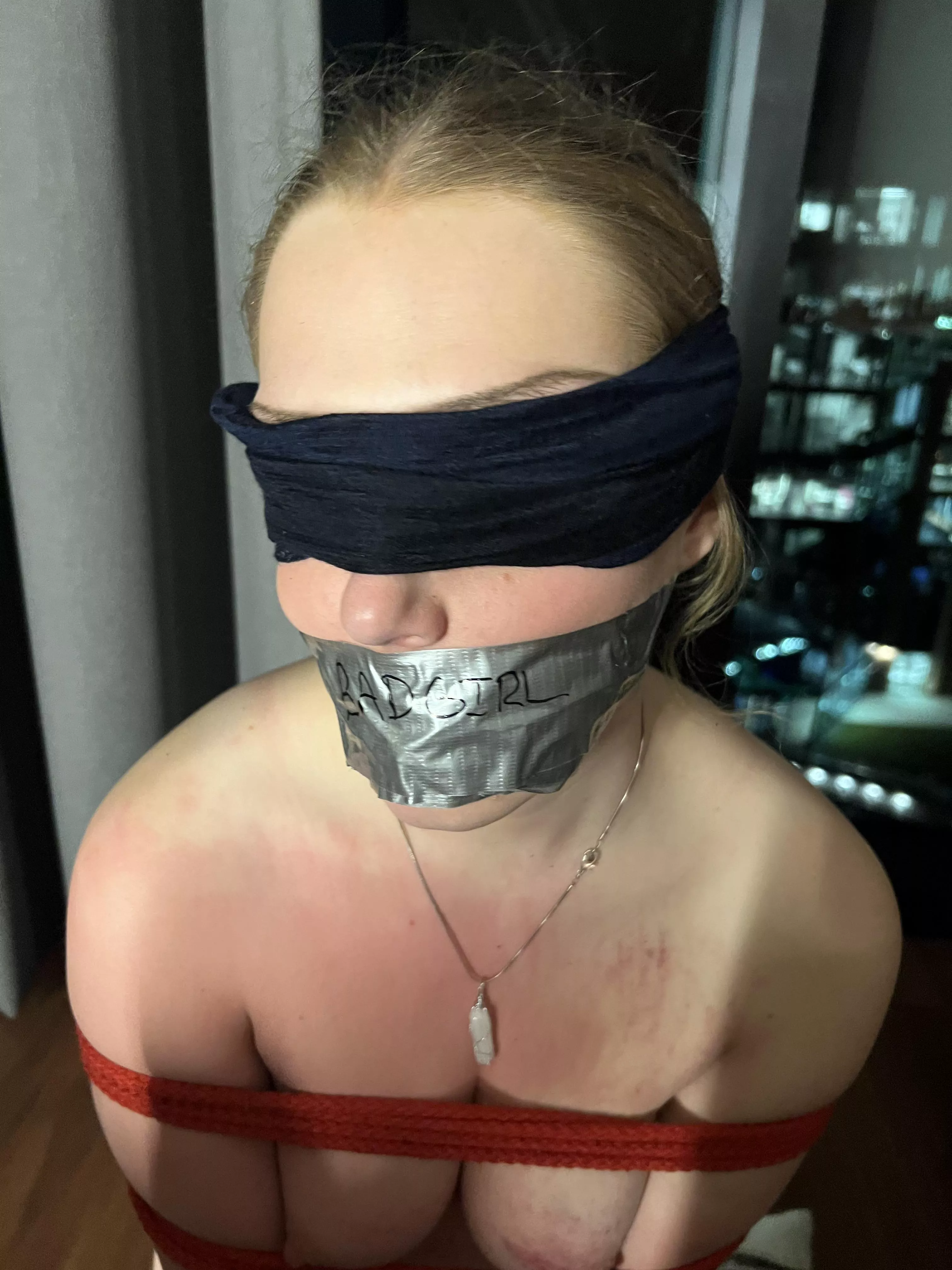 POV:  You talked the cute young housewife next door into being tied up.  posted by LetUsGooooooMMMPH