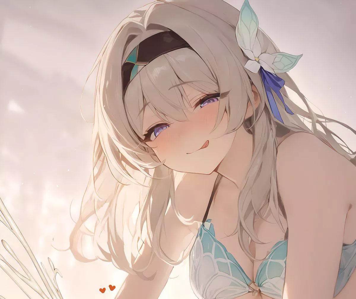 LF Color Source: 1girl, heart, gray hair, headband, long hair, bra, clouds, sexually suggestive, tongue out, blushing, purple eyes, Honkai Star Rail, Firefly (Honkai Star Rail), cleavage, shoulders, flower ribbon, white liquid posted by Simpsons138