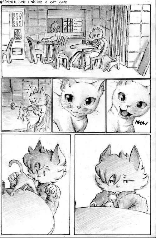 Never have I been to a Cat Cafe (Ink and pencil, scanned) by Omakase123