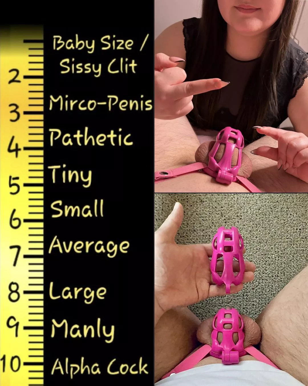 My girlfriend said I'm pathetic for not even filling out my 4.25 inch cage... So she got me this new 3 inch one for my 'micro penis'. After asking her why she called my dick a micro penis, she showed me this chart... posted by ChasteServant