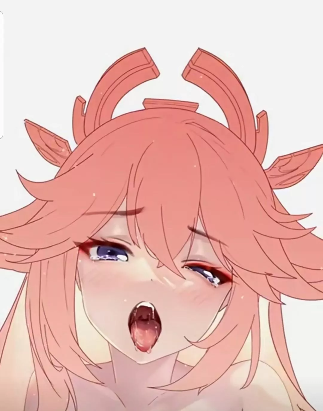 Color: yaemiko, pink hair, hair accessory, purple eyes, tears, red eyeshadow, blush, ahegao, saliva, incomplete drawing posted by Notaknhs