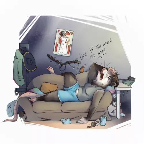 Finally, my own fursona is done. Just a depressed opossum dealing with life :D by Blocked-Muse