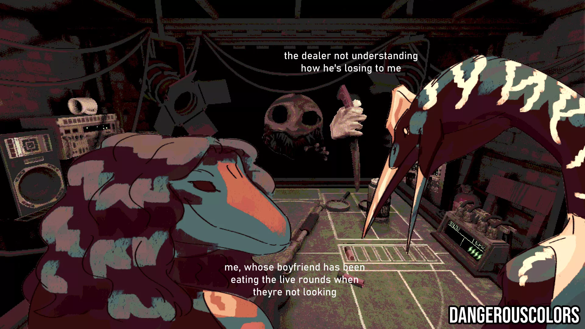 [OC] Incredibly goofy thing I made after playing Buckshot Roulette with my boyfriend and winning every single time (he's the basilosaurus and I'm the quetzalcoatlus!) posted by dangerouscolors