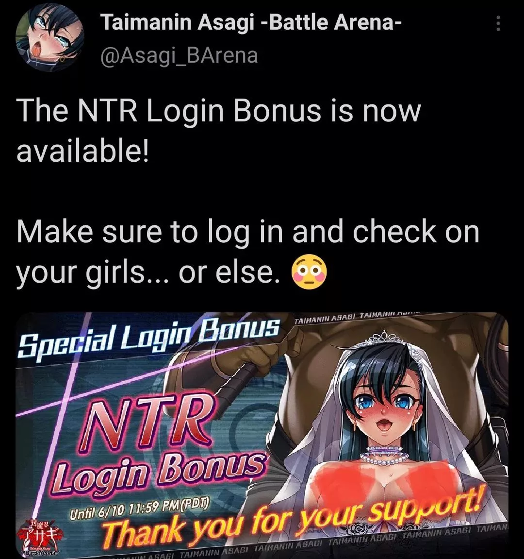 I’m curious if you guys have any interesting ideas of how an NTR gacha might realistically function. How it can incorporate NTR themes into the gameplay, pulls, items etc.  posted by PsychoLorenz