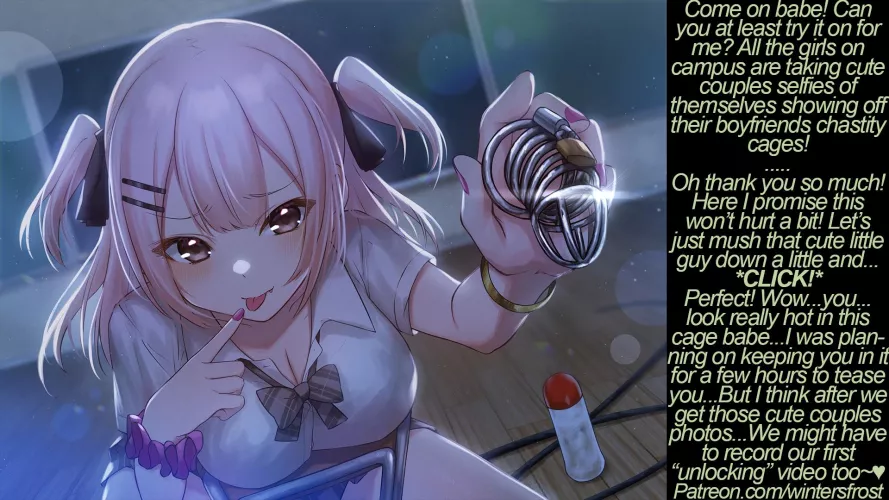 She just wants you to try it on~♥ This definitely won't become a future addiction for either of you, promise...[chastity] [girlfriend]  by WintersCuck