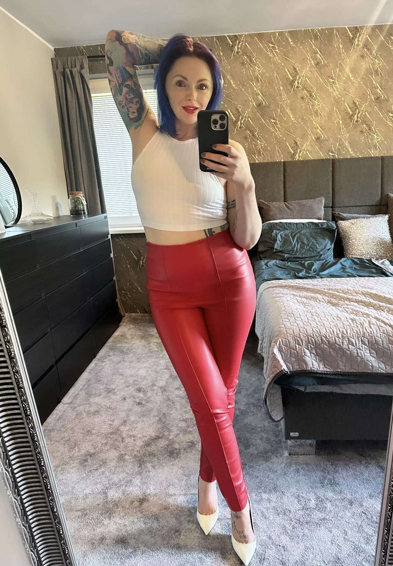 Red leather trousers for a summer date night posted by theinkedsiren1