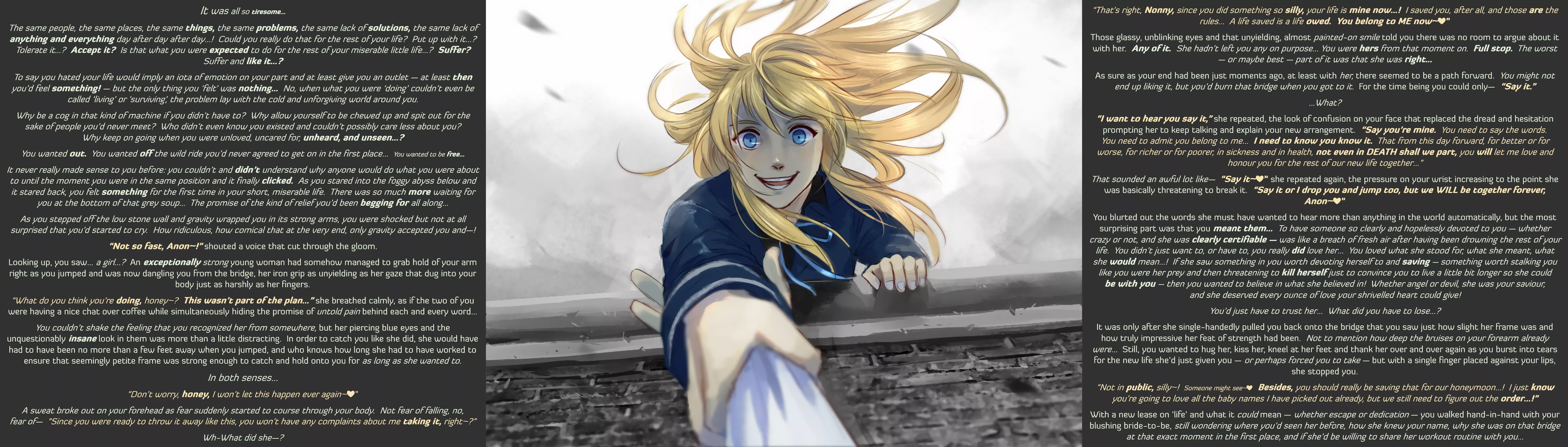 [MxF] As if she'd let you... [RE-UPLOAD][TW: Suicide][Wholesome][Yandere][Saviour][Rescued?][Depression][Despair][Bridge...][Marriage?][MtG Caption][Property: Sierra Lee]  posted by MtG-Ti