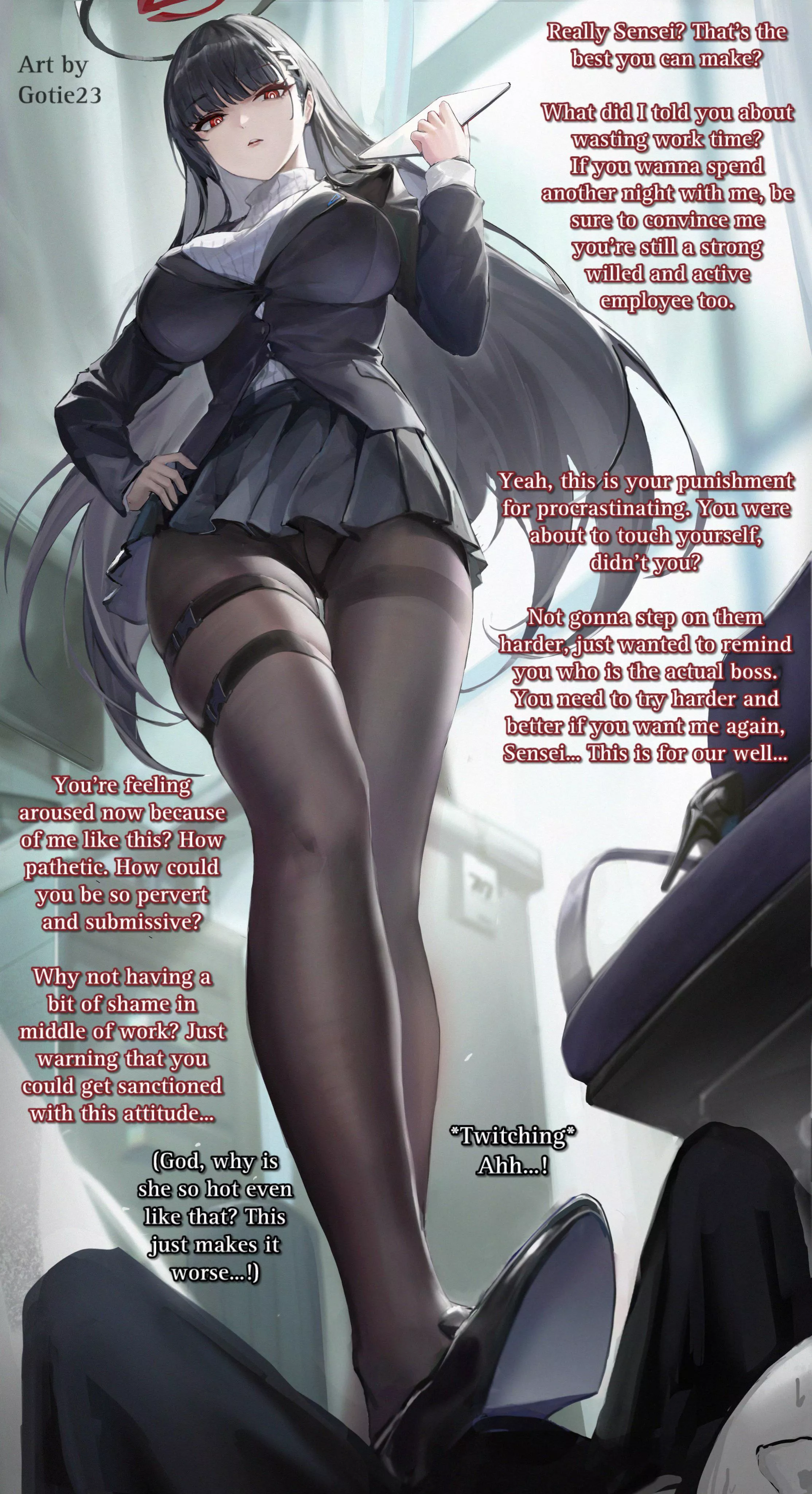 Rio Tsukatsuki, tough boss at day [Blue Archive] [Femdom] [Degrading] [Office lady] [Stepping on you] [Hard work demanding] [No being lazy] posted by Dark_Chepo