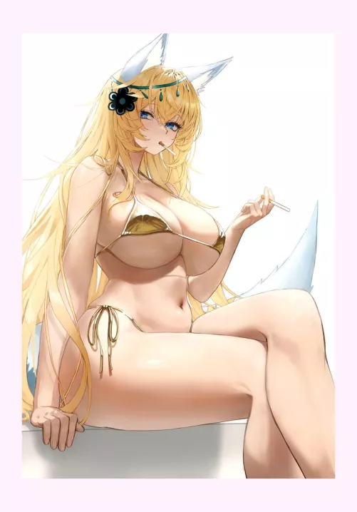 blonde fox lady smoking ij a microkini [original] by Foreign-Sprinkles447