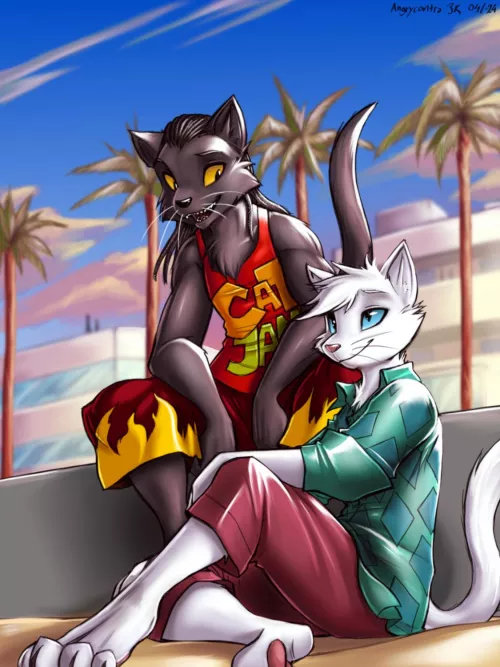 Cat pals on the beach (art by me) by Angrycontra