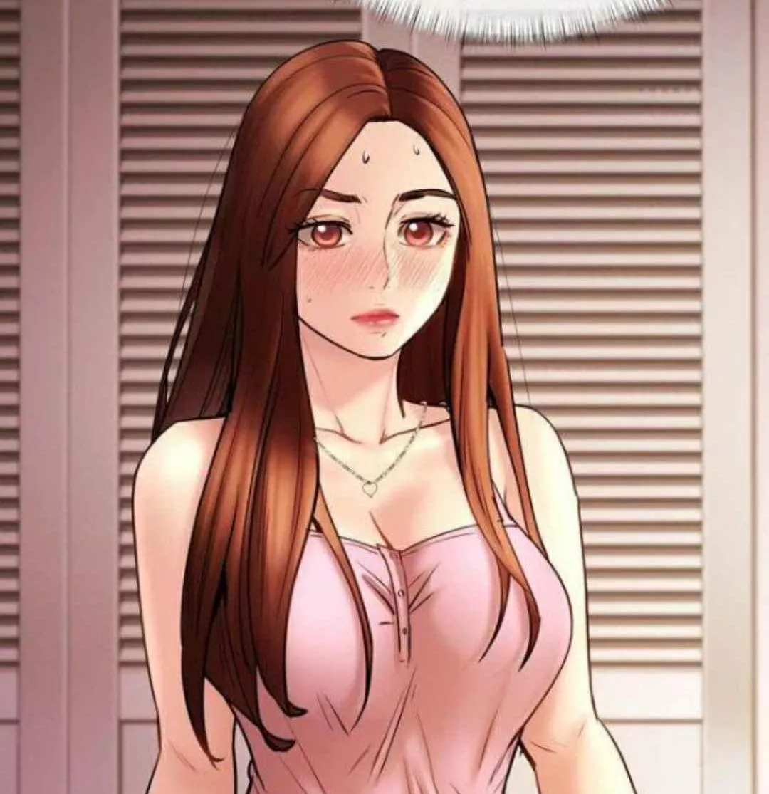 LF Color Source: 1girl, Manhwa, Long hair, Brown hair, Pink top, Thin strap, Necklace, Sweating, Blush Mark, Closed mouth, Pink eyes, Sweating, Close up, Looking at viewers, Cleavage, Pink lips posted by Crimson_Eclipsee
