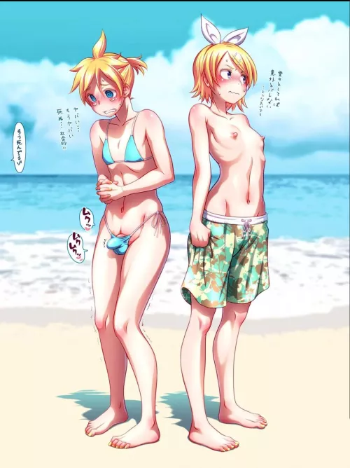 Len and Rin at the beach (wokada) by ZestycloseGuidance74