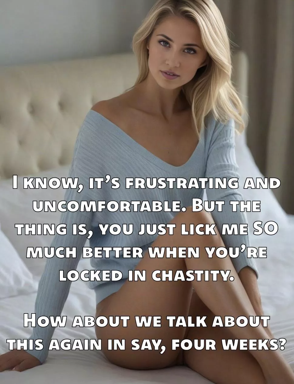 If you lick her well, she’ll keep you locked. If you don’t, she’ll keep you locked until you do. An inescapable circle.  posted by biffa_b_