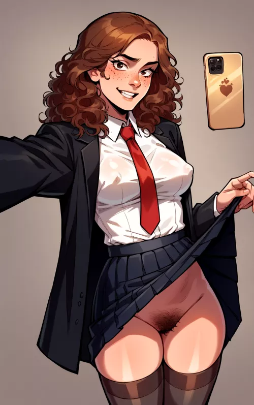 Hermione participating in the 'Wingardium Leviosa Selfie' Challenge. by livingdread