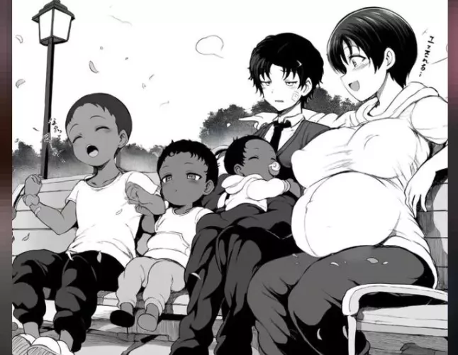 LF Mono Source: 1girl, 4boys, pregnanth, short hair, dark hair, dark skin, park, bench, business suit, family, children, foreign text, covered nipples by kei-kazuki