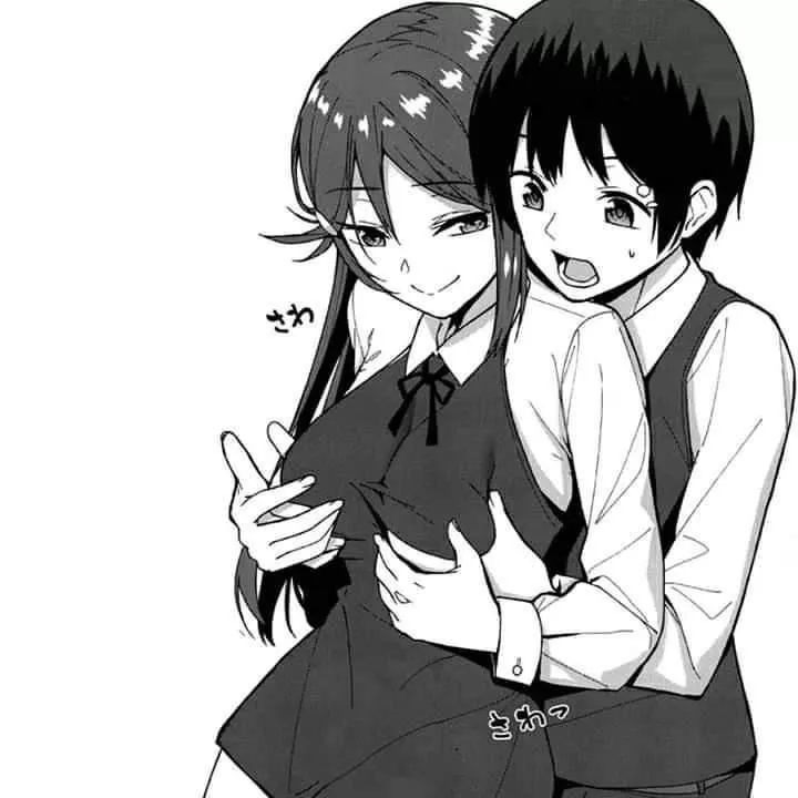 Mono 1boy, 1girl, black hair, dark hair, double parted bangs, grabbing another's breasts, grabbing from behind, grin, guided breast grab, hairclip, looking back, lower teeth only, neck ribbon, open mouth, school uniform, sfx, short hair, smile, smug, su posted by HentaiSource_Archive