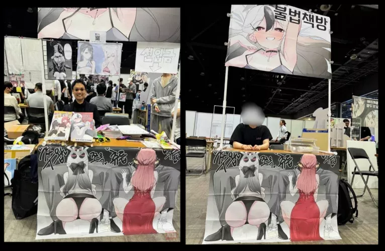 LF Color Source: real/reality, anime, manga, comic convention, booth, poster, doujinshi, merchandise, table, exhibition, display, event, illustration, people, indoors, korean text, smiling, sitting, products, convention center, meeting, gathering, blurre by kei-kazuki