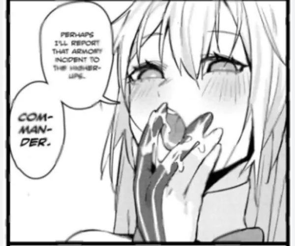 LF Mono Source: 1girl, close up, face, long hair, bangs, side locks, blushing, tongue out, licking fingers, perhaps i'll report that armory incident to the higher-ups com-man-der by Derakart