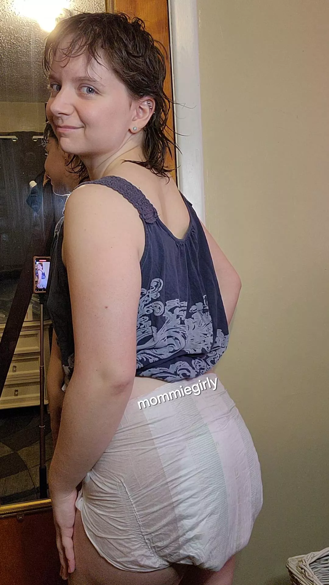 Just hangin around in a top and a diaper today 😊 posted by mommie_girly