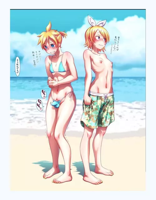 Len and Rin at the beach (wokadq) by CanaryCharacter6124