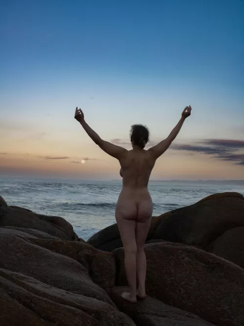 The moon in the sky and my nude moon on salmon Rock, Australia  by Fernfairygoeswild