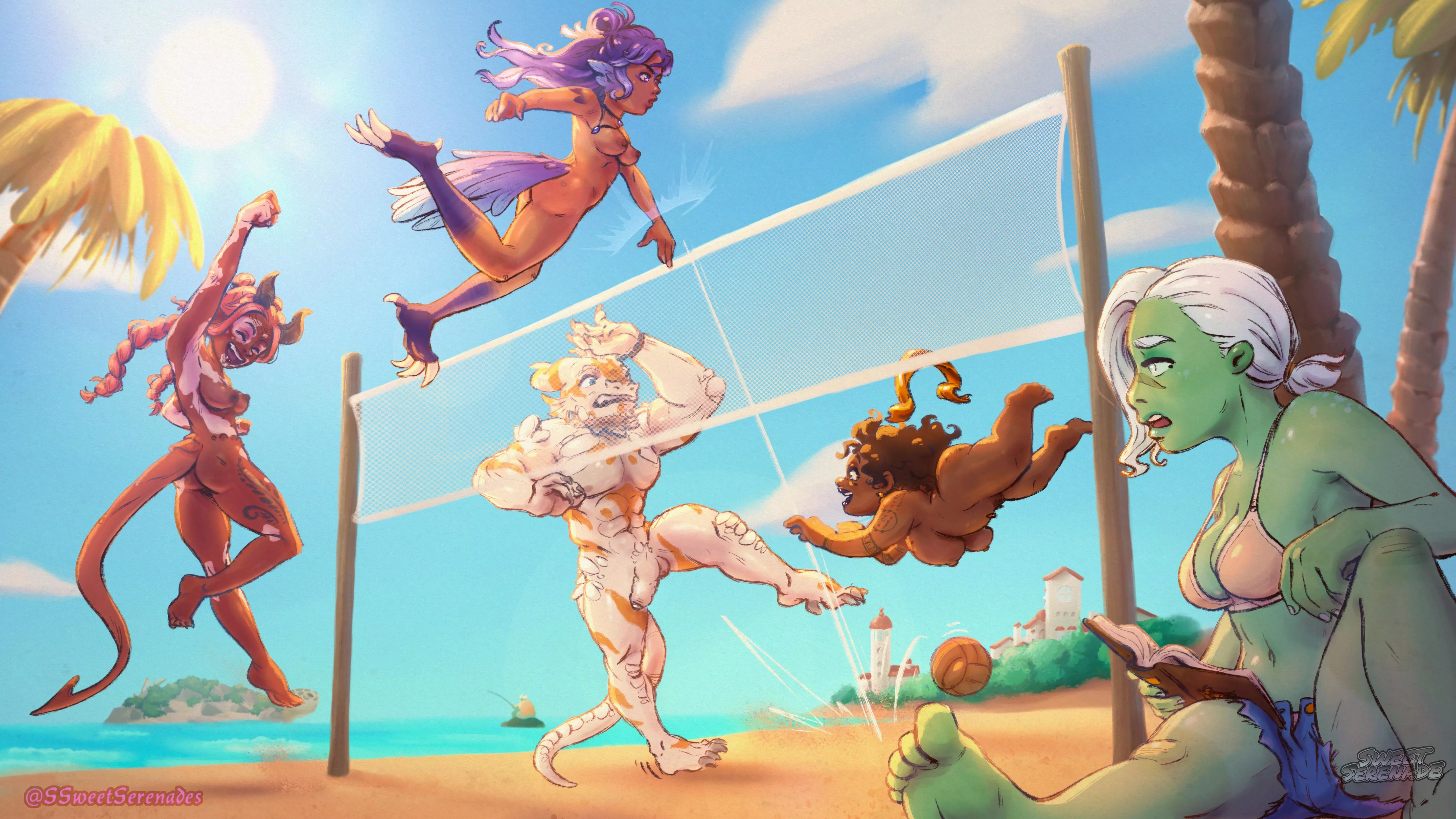 Nude volleyball with the gang! (@SweetSerenade_Art) posted by SweetSerenade_Art