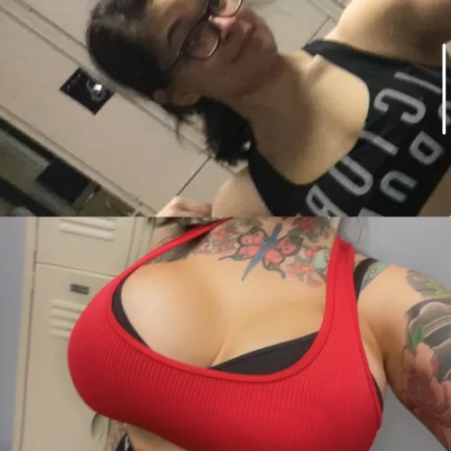 What a sports bra used to look like on me vs now that I’m 6 cups bigger 🥵1500cc  by inkedcosplaygirl