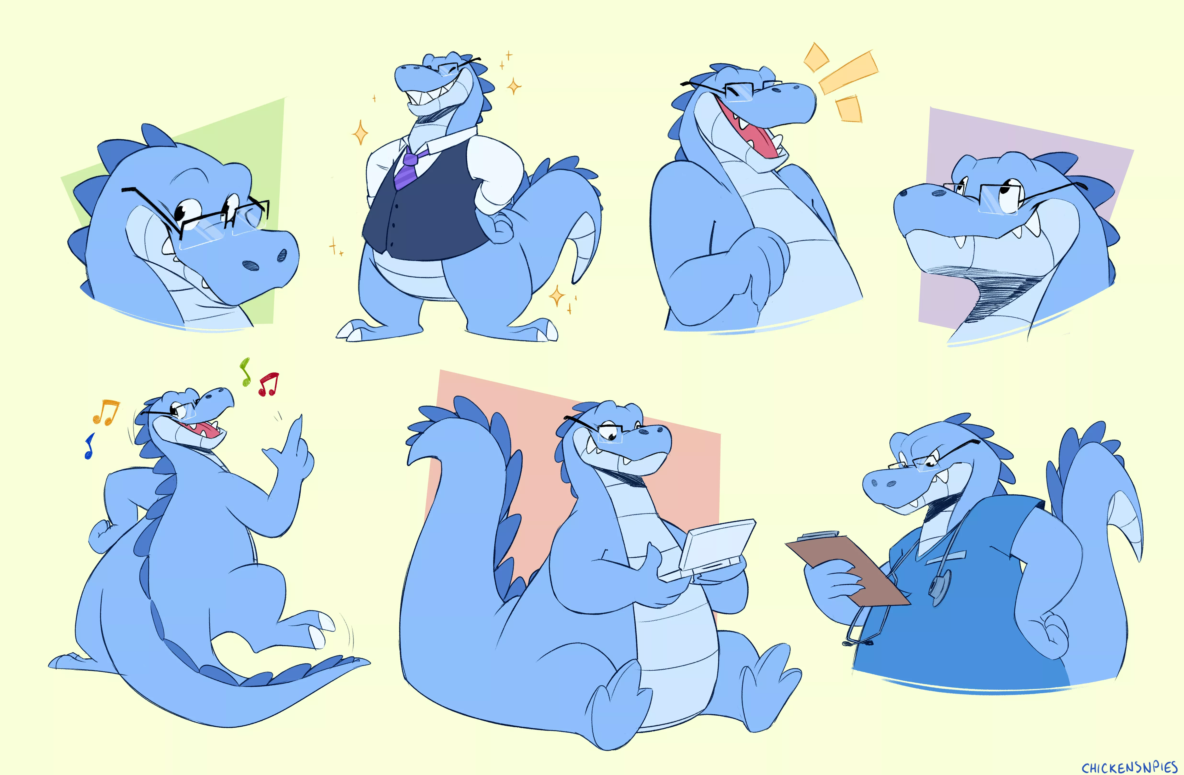 Blue gator fella doodle page!! (art by me, @chickensnpies1 on twitter) posted by chimigni