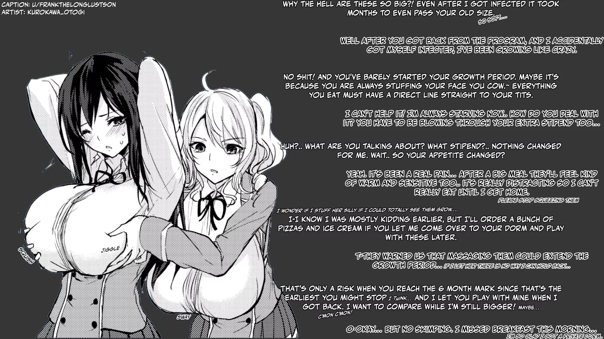 New bovine virus sweeps the world, and it takes some time to get used to the changes. artist: kurokawa_otogi [large breasts] [growing] [fondling] [implied yuri] [just roommates] [breast envy] posted by frankthelonglustson