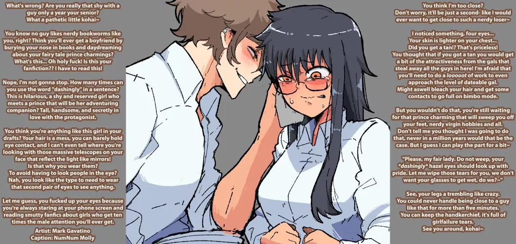 Please stop bullying me, Senpai! [Role Reversal][Bullying][Teasing][Mocking][Verbal Degradation][Maledom][Femsub][Artist: Mark Gavatino] by Sombraros