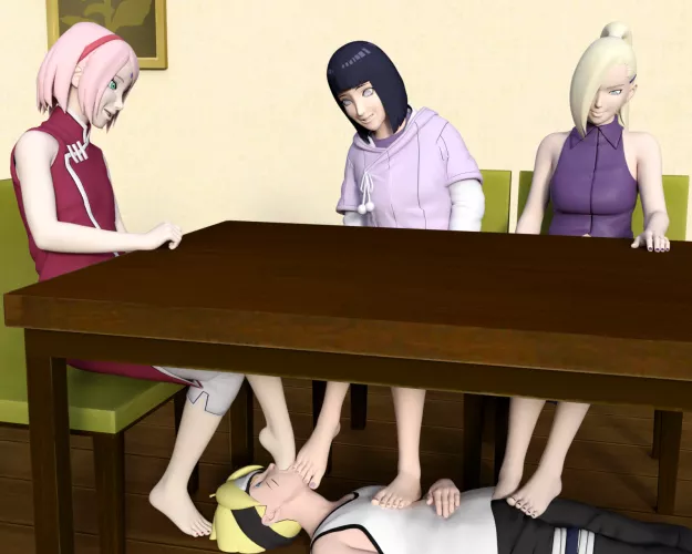 Hinata, Sakura and Ino rest their Feet on Boruto while they relax and chat at the kitchen table 2 [Boruto] (SoleMann) by SoleMann_