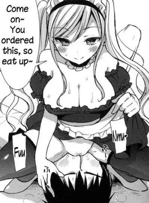 LF Mono Source: facesitting, maid, 1girl, 1boy, blonde, long hair, blushing, “Come on~ You ordered this, so eat up~”, “Nmu~”, “Fuu” posted by Engi-_-