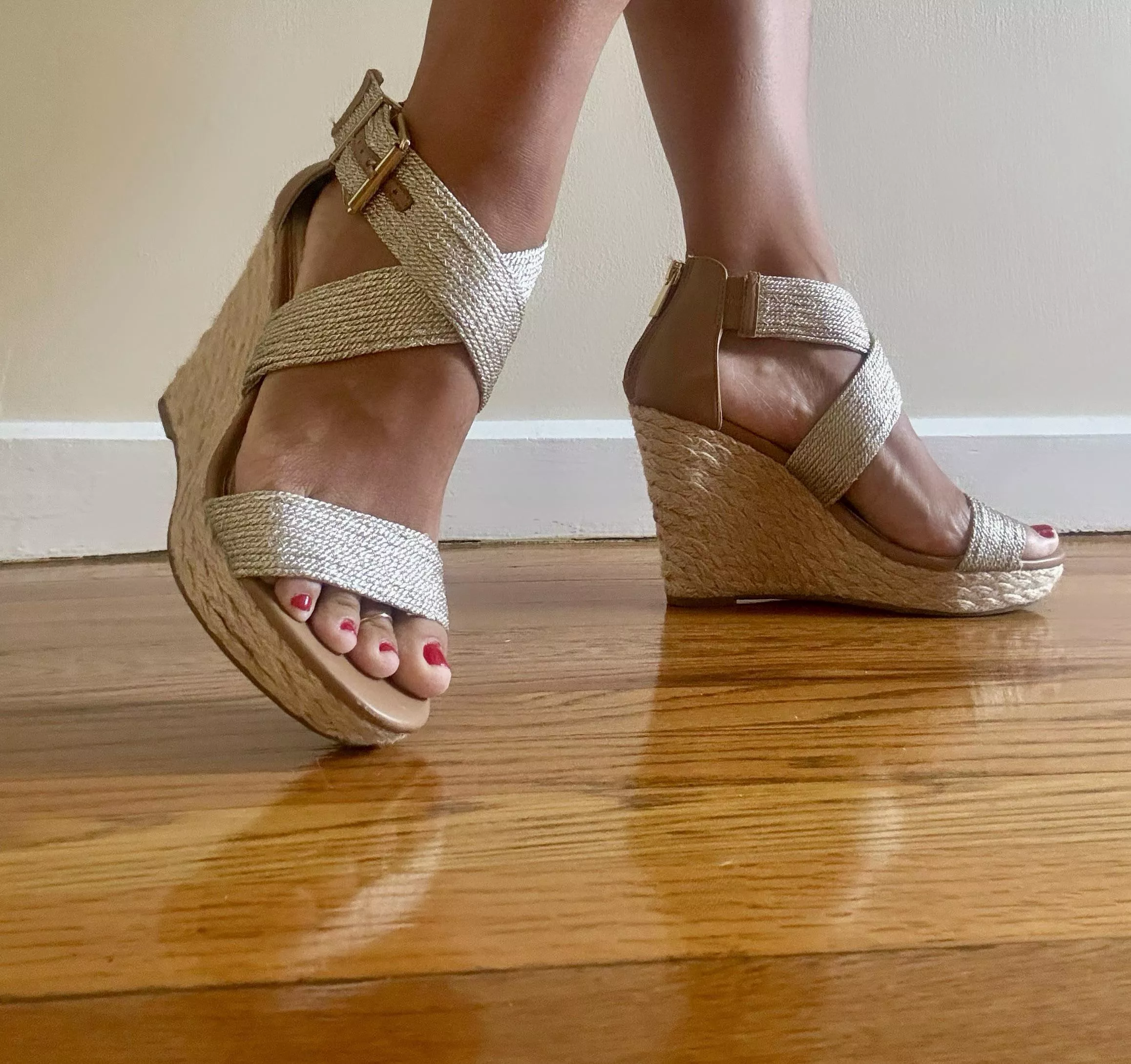 Muted gold, rear zip espadrille wedges  posted by Sole_Satiable
