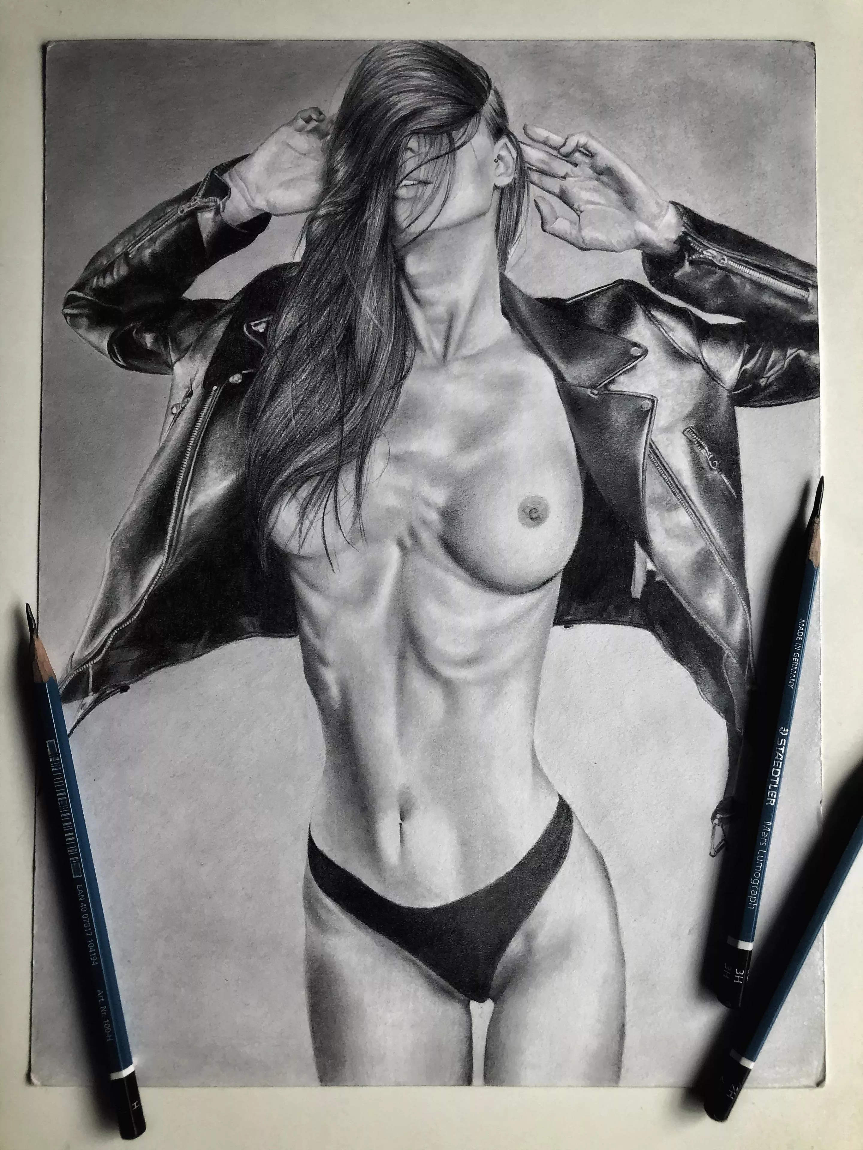 Ana in leather, graphite drawing by me posted by TheSensualPencil