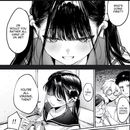 LF Mono Source: twintails, black hair, schoolgirl, sailor uniform, school uniform, 1girl, 3boys, medium boobs, “who’s going first”, “or would you rather all gang up on me?”, “you’re joking right?”, “I take it…”, “you’re all virg by ToshiDesentsu