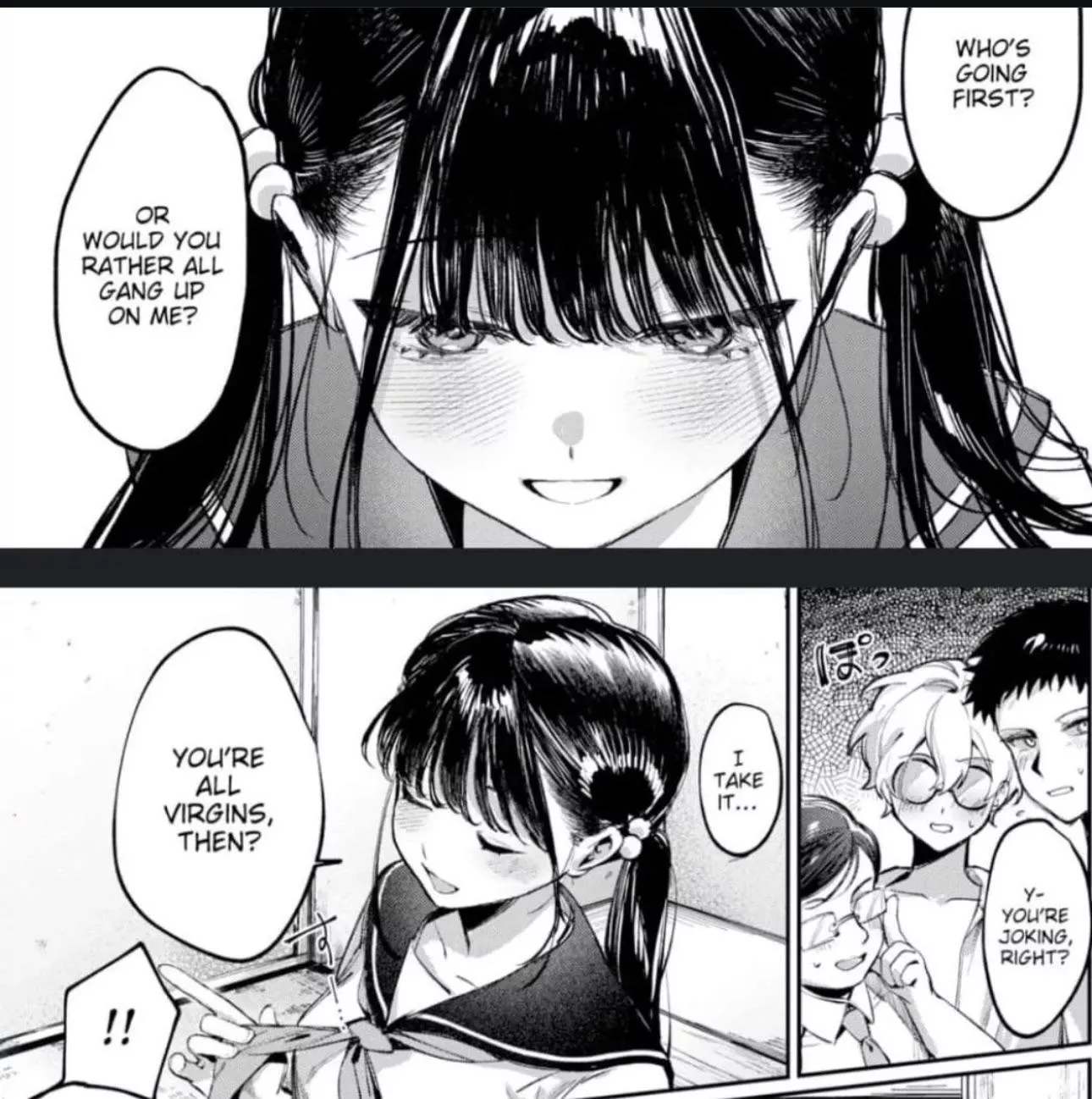 LF Mono Source: twintails, black hair, schoolgirl, sailor uniform, school uniform, 1girl, 3boys, medium boobs, “who’s going first”, “or would you rather all gang up on me?”, “you’re joking right?”, “I take it…”, “you’re all virg posted by ToshiDesentsu