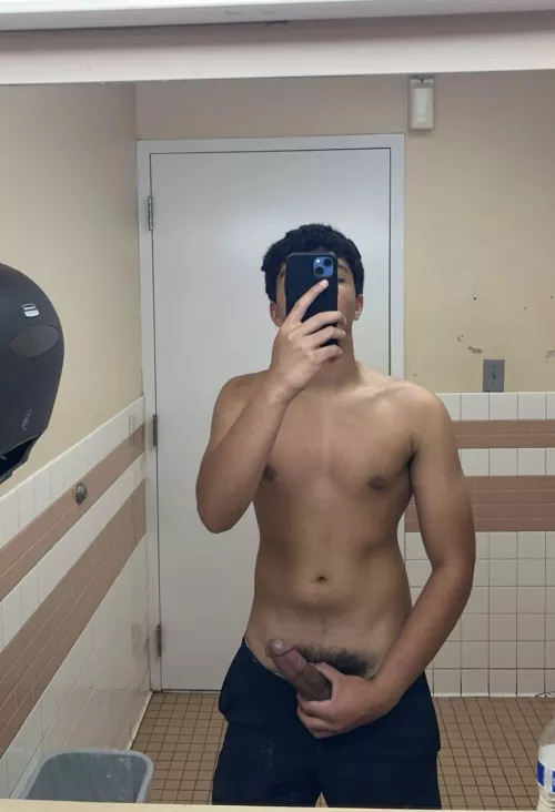 Stroking my long hard cock in the mirror of the public gym bathroom  by lemonmanfn