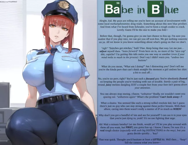 THE CLASSIC CAPTION SERIES: Babe in Blue- POLL IN COMMENTS [F4M] [Femdom] [Policewoman] [Drugs-Mentioned] [Titnosis] [Big Boobs] [Breast Play] [Seductive] [Smug] [No Sex] [Art: AI Generated] by Primary-Original3990