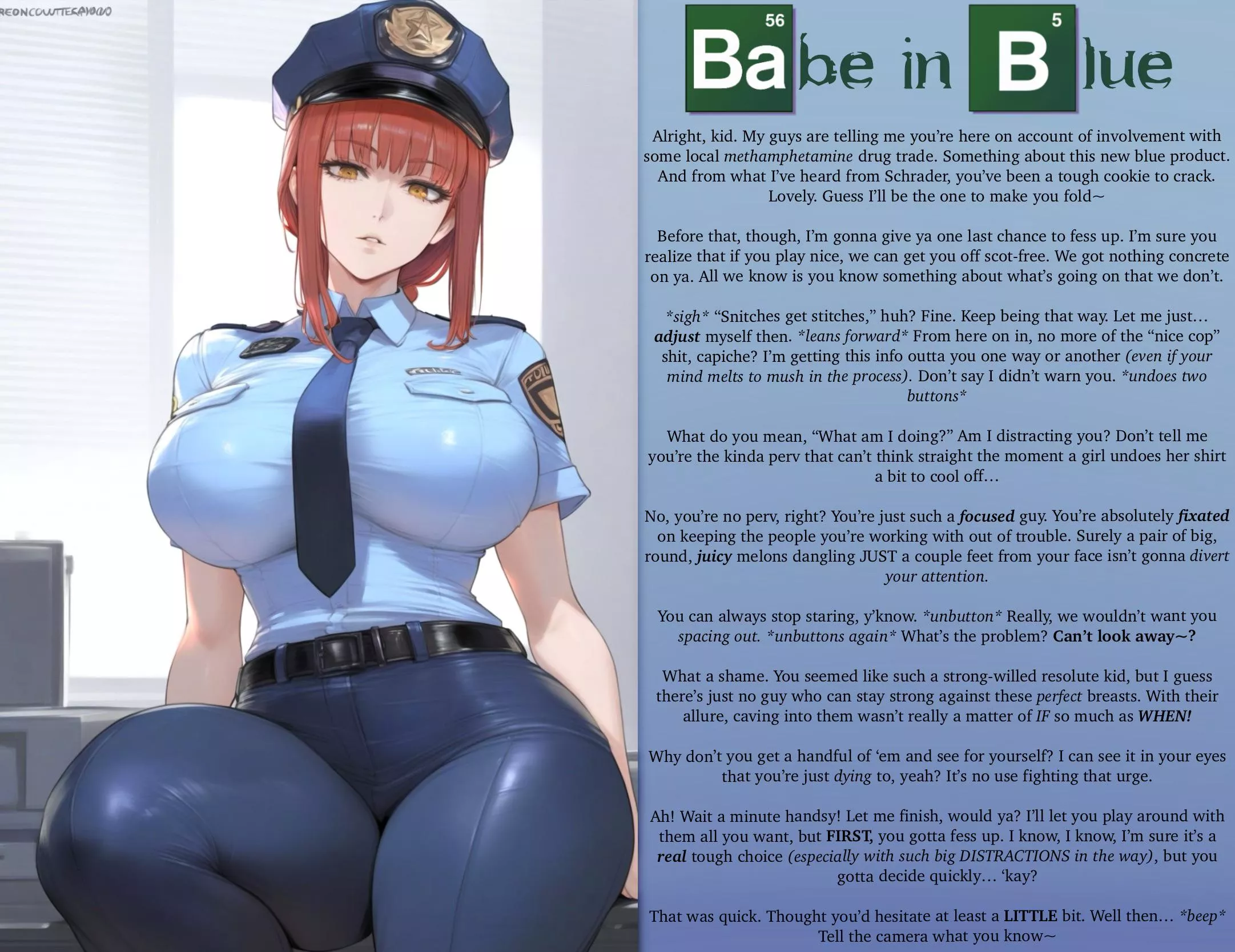 THE CLASSIC CAPTION SERIES: Babe in Blue- POLL IN COMMENTS [F4M] [Femdom] [Policewoman] [Drugs-Mentioned] [Titnosis] [Big Boobs] [Breast Play] [Seductive] [Smug] [No Sex] [Art: AI Generated] posted by Primary-Original3990
