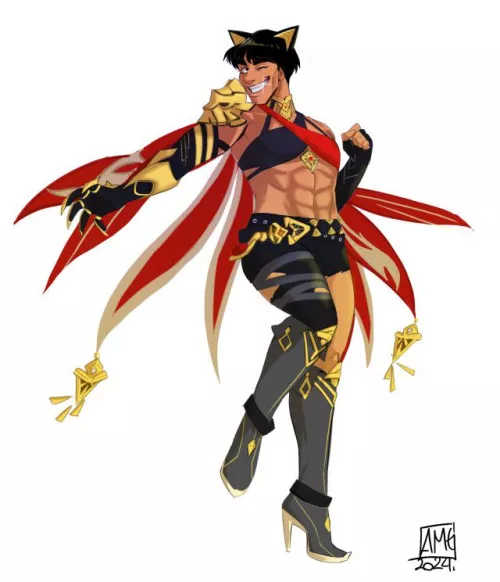 (My art) Naruto x Genshin impact. Might guy dressed as Dehya by Competitive_Past9413