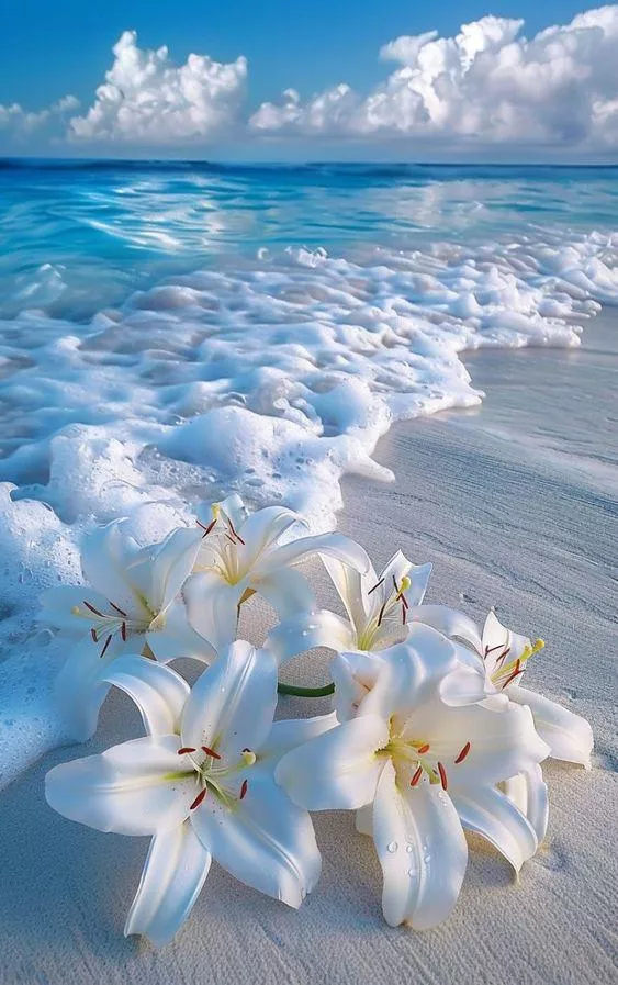 👉Bouquet of white lilies lying on white sand washed by foamy turquoise surf wave, fantastic, photorealistic picture, tumblr, breathtaking beautiful white beach, detailed lily flowers, wonderful reflection of the sky, close-up!! posted by PuzzleheadedHeart285