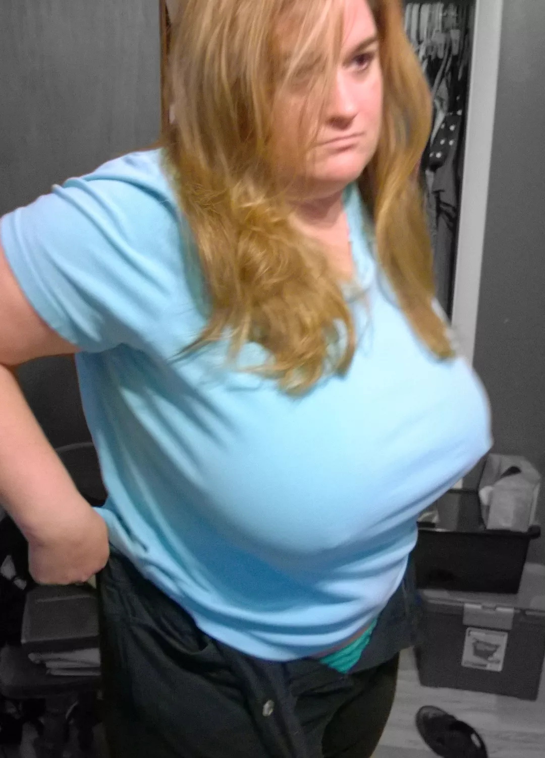 My wife's messed up hair, but don't really care cause she's bra-less. Lol 🙂 posted by SteelTorch