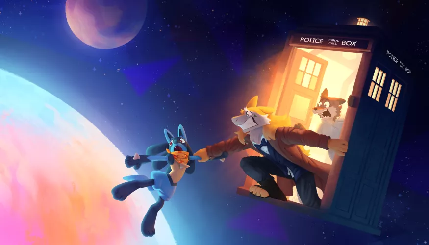 HOLD THAT LUCARIO! (Art made by me, as a birthday gift to a friend) by CosmicLeafArts