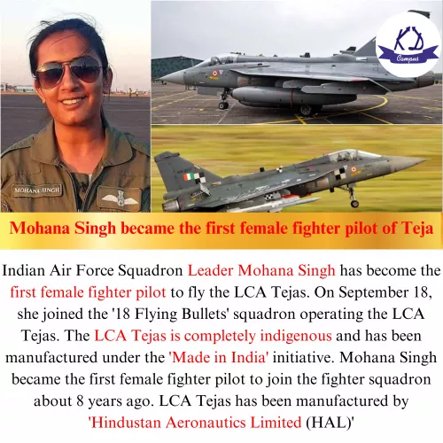 Mohana Singh became the first female fighter pilot of Tejas, Tejas is completely indigenous and has been manufactured under the 'Made in India' initiative. by Moist-Year3302