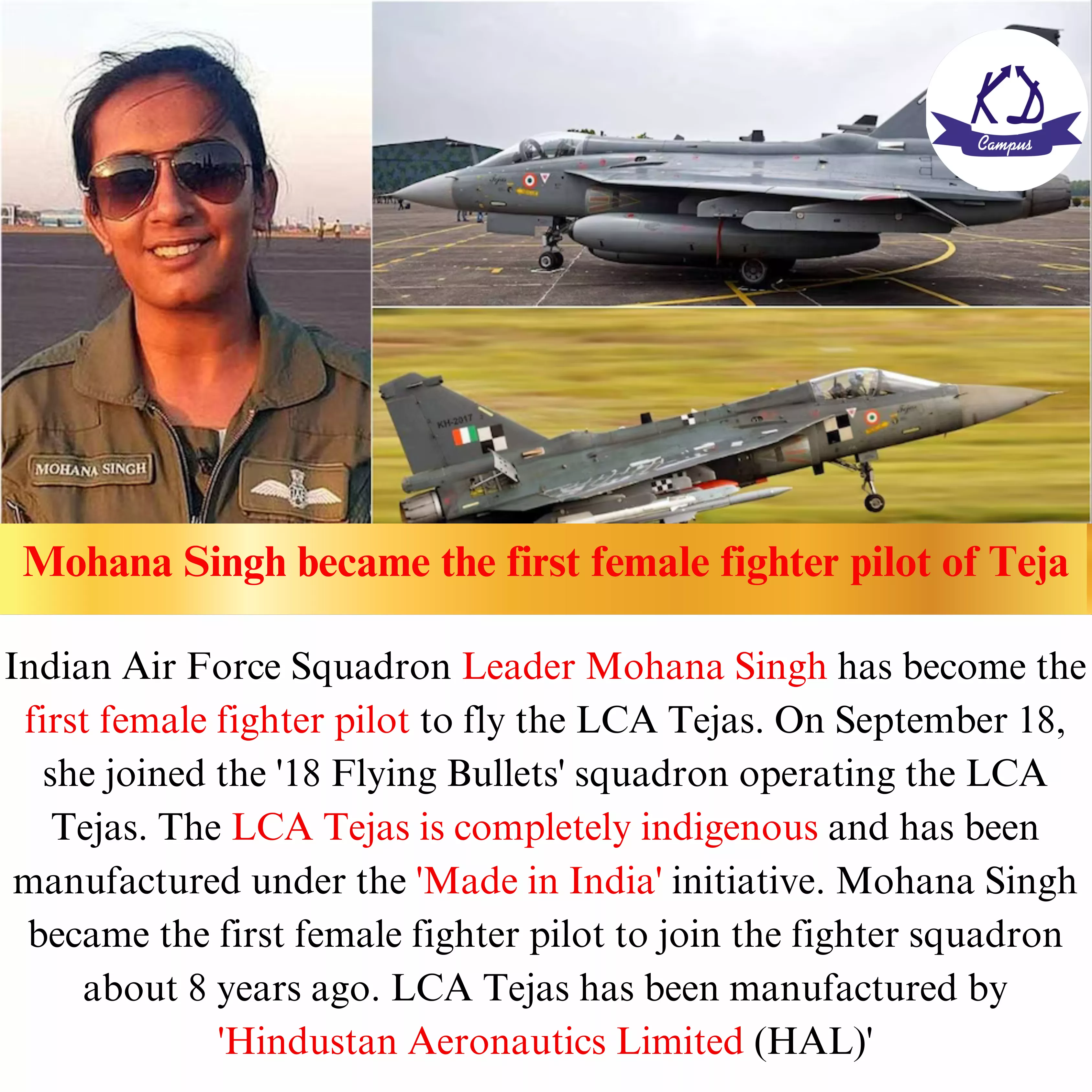 Mohana Singh became the first female fighter pilot of Tejas, Tejas is completely indigenous and has been manufactured under the 'Made in India' initiative. posted by Moist-Year3302