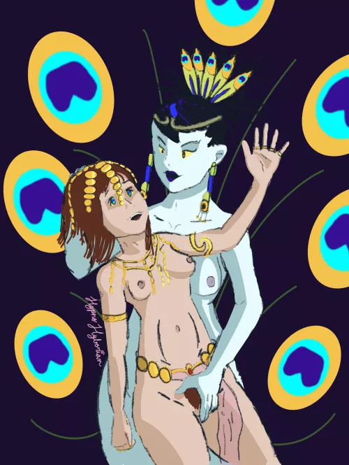 A Peacock Sorceress Enthralls a Hyborian Princess [OC] [Artist: HypnoHyborian] by anonymousetrapper