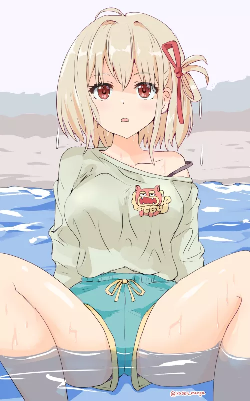 Chisato Spreading Her Legs On The Beach (Lycoris Recoil) by Csxc
