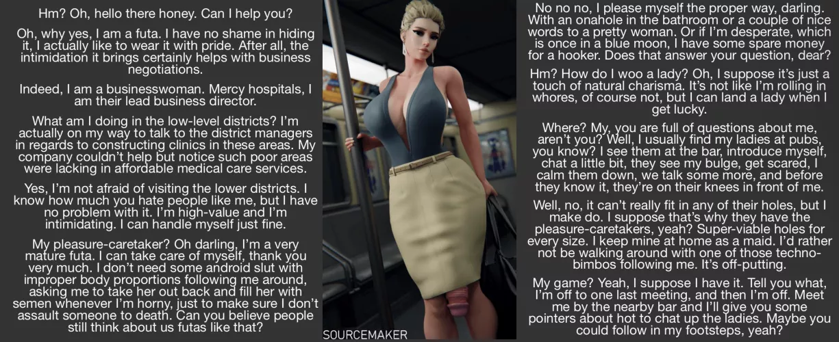 A simple encounter on the subway, nothing more. [gender neutral POV] [dystopian future world] [friendly] [in a world where futas are superior…] [potential strangers to friends?] by Sir-M-Oxlong