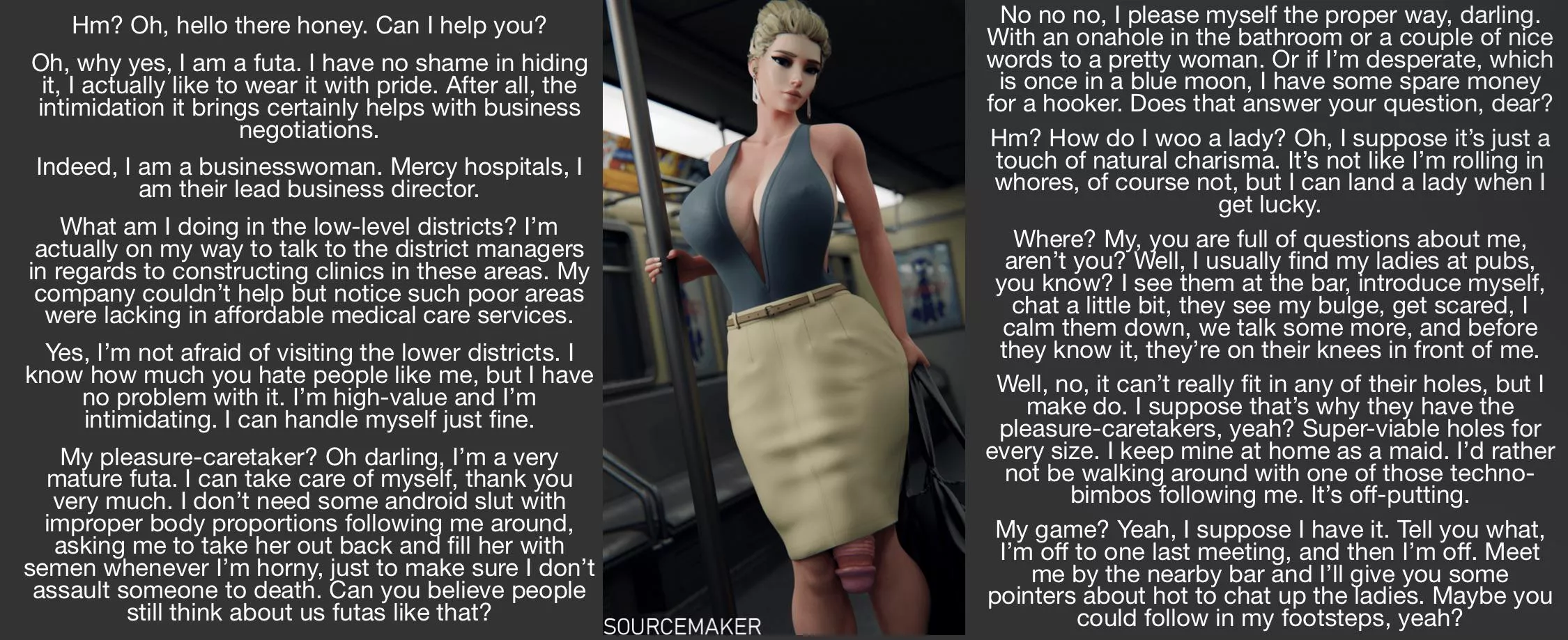 A simple encounter on the subway, nothing more. [gender neutral POV] [dystopian future world] [friendly] [in a world where futas are superior…] [potential strangers to friends?] posted by Sir-M-Oxlong